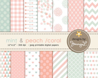 Mint and Peach Coral Digital Paper, Mother's Day, Wedding Paper, Dhalia Flower, Scrapbooking, Triangles, Hearts, Arrows, Chevron