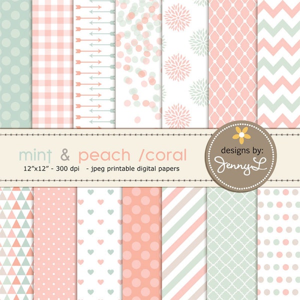 Mint and Peach Coral Digital Paper, Mother's Day, Wedding Paper, Dhalia Flower, Scrapbooking, Triangles, Hearts, Arrows, Chevron