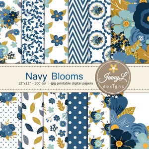 Papel digital floral azul marinho, scrapbooking digital de papel floral de casamento, convites, aniversário, casamento, planejadores