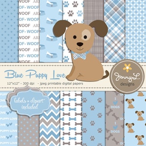 Documenti digitali per cani ragazzo, cucciolo di cane blu e grigio, clipart per cani, carta digitale per animali domestici, carta per scrapbooking zampe, carta digitale per animali, festa per cani