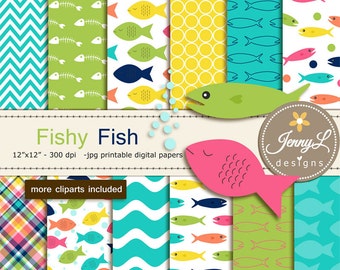 Fish Digital papers and Clipart, for Birthday, Scrapbooking Paper Party Theme, Planner