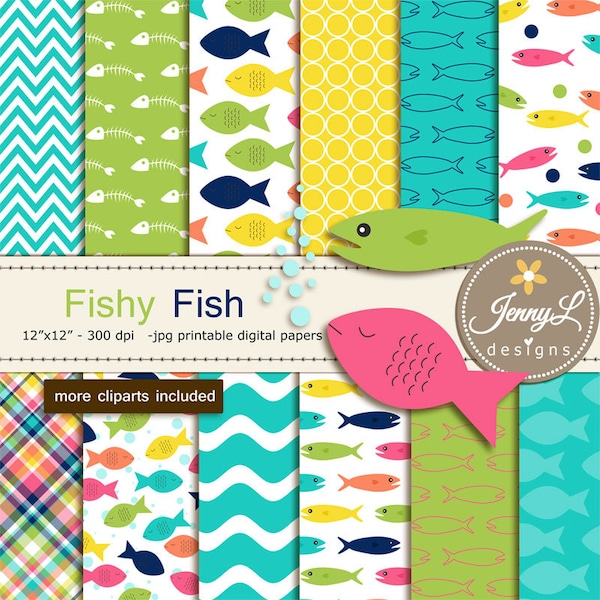 Fish Digital papers and Clipart, for Birthday, Scrapbooking Paper Party Theme, Planner