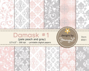Damask Wedding Baptismal Peach Gray Background Papers for Digi-Scrapping, Cards, Invitations INSTANT DOWNLOAD Personal and Commercial Use