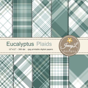 May include: Set of eight digital paper patterns featuring various shades of green and white plaid designs. The patterns are 12 inches by 12 inches and 300 dpi. The text "Eucalyptus Plaids" and "Jenny L designs" is included in the image.