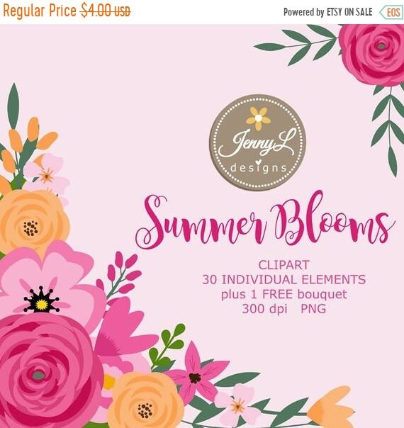40% OFF Summer Flower Elements Clipart, Pink Wedding Flowers, Shabby Flower, Floral Leaves for digital Scrapbooking, Wedding, Invitation Il_570xn