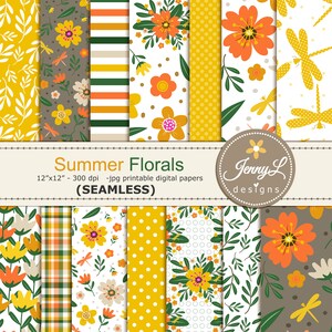 Op de afbeelding: Een set van 12 digitale papieren met zomerse bloemenpatronen in geel, oranje en groen. De papieren zijn 30,5 cm bij 30,5 cm en 300 dpi. De tekst "Summer Florals" en "Jenny L designs" is in de afbeelding opgenomen.