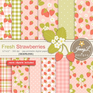 Strawberries SEAMLESS Digital Papers and Strawberry Fruit Clipart SET for Digital Scrapbooking, for Planners, Stickers, Invitations