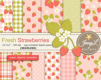 Strawberries SEAMLESS Digital Papers and Strawberry Fruit Clipart SET for Digital Scrapbooking, for Planners, Stickers, Invitations