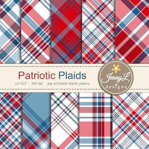 Documenti digitali patriottici plaid, blu e rosso, Memorial Day, carta per scrapbooking digitale dell'indipendenza, carta di sfondo con motivo di superficie