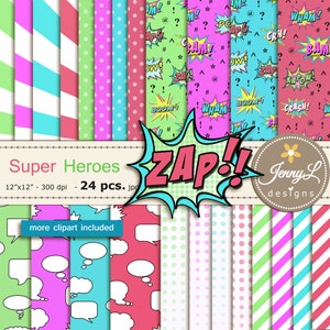 Super Hero Digital Papers and Super Heroes Clipart SET for Digital Scrapbooking, for Planners, Stickers, Invitations, Background