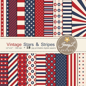 Vintage 4. Juli Digitales Papier, Stars und Stripes, Patriotisch, Gedenktag, Feier zum Tag der Arbeit, Rot Blau druckbare digitale Papiere