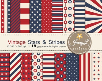 Vintage 4th of July Digital Paper, Stars and Stripes, Patriotic, Memorial Day, Labor Day Celebration, Red Blue Printable Digital Papers