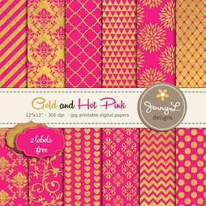 May include: A set of 12 digital papers featuring gold and hot pink patterns. The patterns include stripes, damask, geometric shapes, hearts, and polka dots. The papers are 12 inches by 12 inches and 300 dpi. The text "Gold and Hot Pink" and "Jenny L designs" is also included in the image.