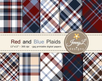 Red and Blue Plaids Digital Papers, Father's Day, Little Men, Boy, Guy, Masculine Digital Scrapbooking Paper,