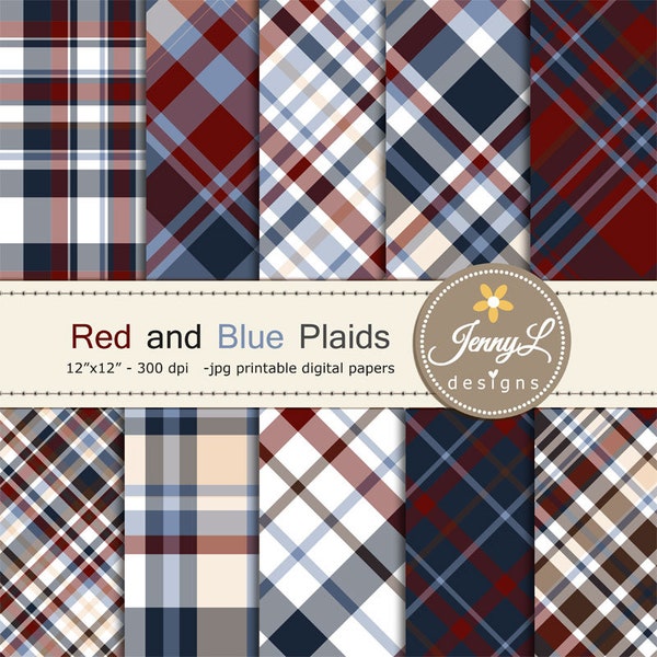 Red and Blue Plaids Digital Papers, Fête des Pères, Petits Hommes, Garçon, Guy, Papier Scrapbooking Numérique Masculin,