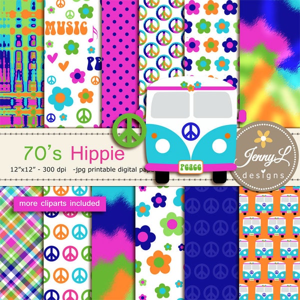 70's Hippie Digital Papers & clipart SET, Peace, Flower, Guitar Heart for Digital Scrapbooking, Birthday, Wedding invitations, Planner