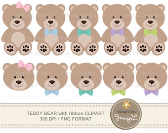 Clipart de osito de peluche con lazo de cinta, osito de bautismo, osito de baby shower, osito de cumpleaños, osito de niña y niño, cinta de osito pastel