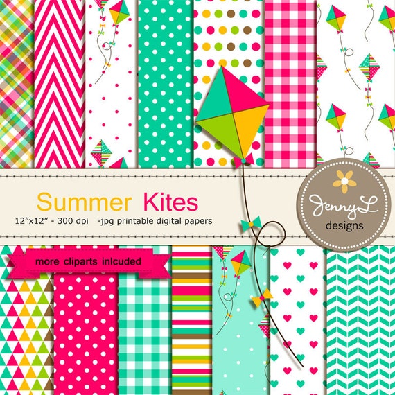 Kite Digital papers and Clipart, Summer Kite, Baby Shower, Birthday