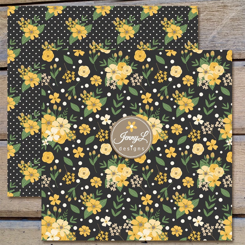 Yellow Floral Digital Paper Black Wedding Flower Paper Etsy