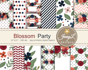 Navy Blue Burgundy Floral digital paper, Wedding Fall Flower Paper Digital scrapbooking, invitations, birthday, bapstimal,