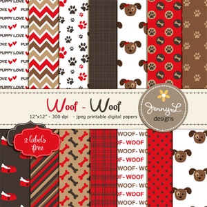 Hund Digitale Papiere, Haustier, Rot und Braun Hündchen Thema, Pfoten Scrapbooking Papiere, Hundeknochen, Tier Digital Papiere, Puppy Love, Hundenapf