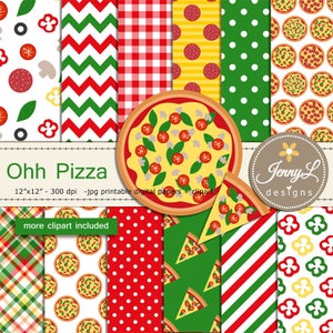 Pizza digital papers and clipart SET, Italian Pepperoni, mushroom, basil, olives  for Digital Scrapbooking, birthday invitations Planner