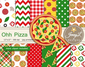 Set di clipart e documenti digitali per pizza, peperoni italiani, funghi, basilico, olive per scrapbooking digitale, planner per inviti di compleanno