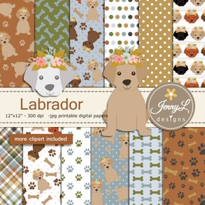 Set di carte e clipart digitali per cani Labrador, cucciolo, cagnolino per scrapbooking, inviti, compleanni, pianificatori, adesivi