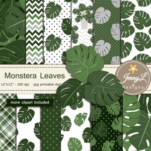 May include: A set of 12x12 inch digital paper designs featuring a variety of green monstera leaves on different backgrounds, including white, green polka dots, green chevron, and green plaid. The text "Monstera Leaves" and "Jenny L Designs" is included in the image.