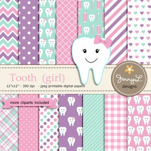 Tooth Girl Digital Paper and Clipart SET, Dental Care, Teeth, Toothpaste, Toothbrush for Baby Shower, Birthday  and Scrapbooking Paper Party