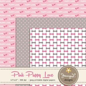 Peut inclure: Trois motifs de papier num&eacute;rique sur le th&egrave;me des chiots roses et gris. Le premier motif a un fond rose avec des pois blancs. Le deuxi&egrave;me motif a un fond gris avec des pois roses. Le troisi&egrave;me motif a un fond blanc avec des rang&eacute;es altern&eacute;es de formes d'os roses et gris.