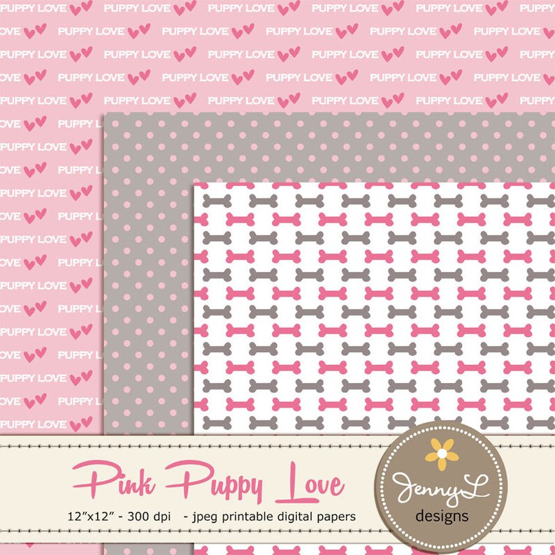 Peut inclure: Trois motifs de papier num&eacute;rique sur le th&egrave;me des chiots roses et gris. Le premier motif a un fond rose avec des pois blancs. Le deuxi&egrave;me motif a un fond gris avec des pois roses. Le troisi&egrave;me motif a un fond blanc avec des rang&eacute;es altern&eacute;es de formes d'os roses et gris.