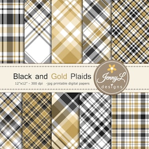 Black and Gold Plaids Digital Papers, New Year, Holiday Digital ScrapbookingPaper,