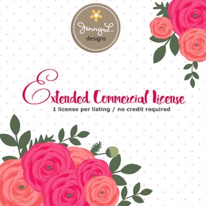 May include: Pink and coral ranunculus flowers with green leaves on a white background with pink polka dots. The text "Extended Commercial License" and "1 license per listing / no credit required" is displayed below the flowers. The text "Jenny L designs" is displayed in a brown circle with a small flower in the top center of the circle.