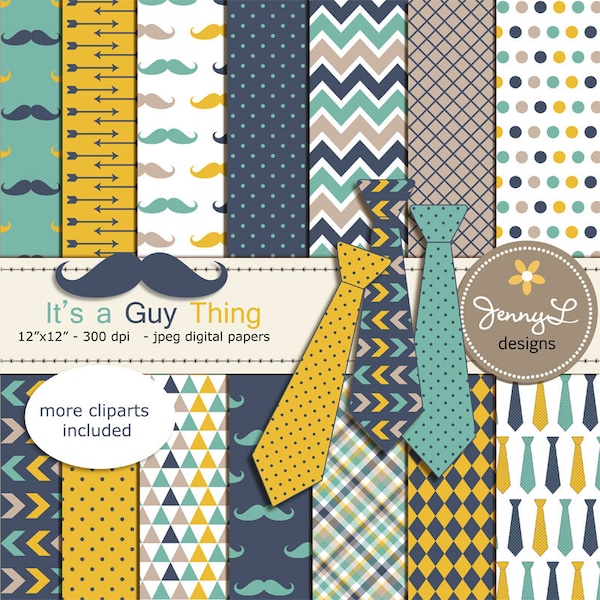 Mustache and Necktie Digital Papers and clipart, Father's Day , Little Man, Boy Birthday, Digital Scrapbooking party Theme