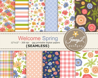 Welcome Spring SEAMLESS Printable Digital Papers, Repeat Pattern , Floral Summer Digital Scrapbooking Paper, backgrounds for Invitations,
