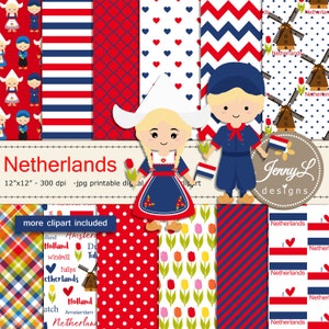 Carta digitale olandese e clipart di mulini a vento, zoccoli, tulipani olandesi, Amsterdam, Europa per scrapbooking digitale, inviti