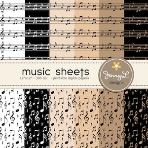 Papeles digitales de partituras musicales, notas musicales para scrapbooking digital, invitaciones y más