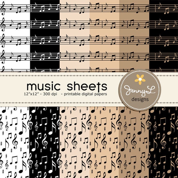 Music Sheets Digital Papers, Musical Notes for Digital Scrapbooking, Invitations and more