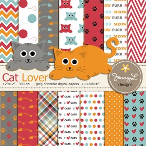 Cat Digital papers and Clipart Set, Cat head, Kitten, Pet Digital Paper, Yarn, Paws Scrapbooking Papers, Fishbone, Animal Digital Paper