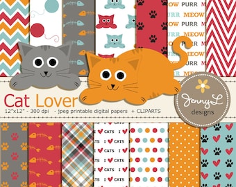 digital cat paper cat mice patterns cat scrapbooking paper pack of 12 high res JPG/'S instant download