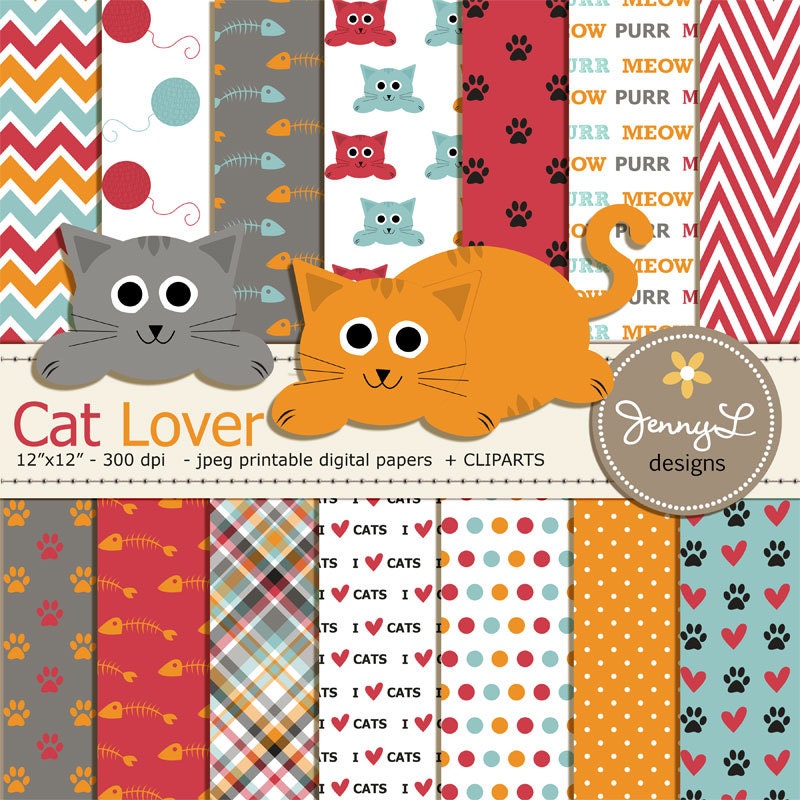Love Cats digital paper pack, cats wrapping paper, cute cats