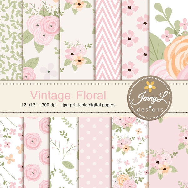 Floral digital paper, Vintage Flowers , Antique for Digital scrapbooking, invitations, birthday, wedding, Planners