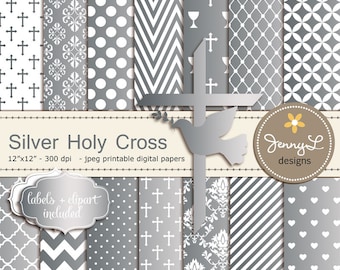 Silver Baptism Digital Papers, First Communion Digital Scrapbooking, Christening, Holy Week Cross and Dove Baptismal Clipart, Dedication