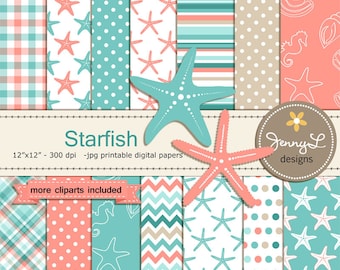 Starfish Digital papers and Clipart,  Sea Starfishes, Baby Shower, Birthday Scrapbooking Paper Party Theme,