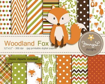 Fox Digital Paper and Clipart, Fall Woodland Animal, leaves for Birthday, wedding, School, Scrapbooking Paper Party Theme