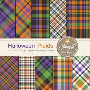 May include: A selection of Halloween-themed plaid designs in shades of purple, orange, green, and black. The patterns are arranged in a grid, with the text "Halloween Plaids" and "12"x12" - 300 dpi -jpg printable digital papers" displayed.