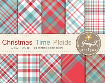 Christmas Plaids Digital Papers, Red Blue Christmas Papers, Holiday Digital ScrapbookingPaper, Blue Red Christmas