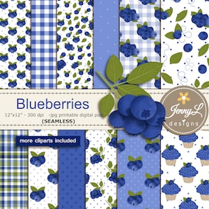 Blueberries SEAMLESS Digital Papers and Blueberry Fruit Clipart SET for Digital Scrapbooking, for Planners, Stickers, Invitations
