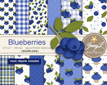 Blueberries SEAMLESS Digital Papers and Blueberry Fruit Clipart SET for Digital Scrapbooking, for Planners, Stickers, Invitations